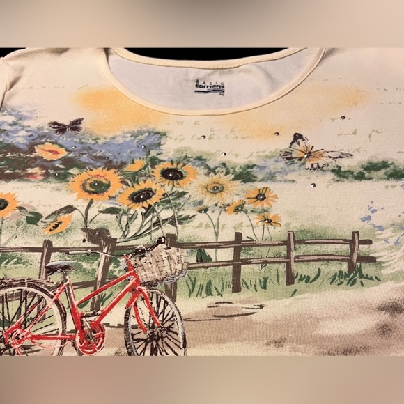 EUC Basic Editions Yellow T-Shirt Bicycle Sunflower Sparkle embellishments 2XL - Picture 2 of 7